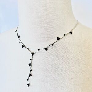 VINTAGE Delicate Y Silvertone herringbone chain necklace black Onyx dots